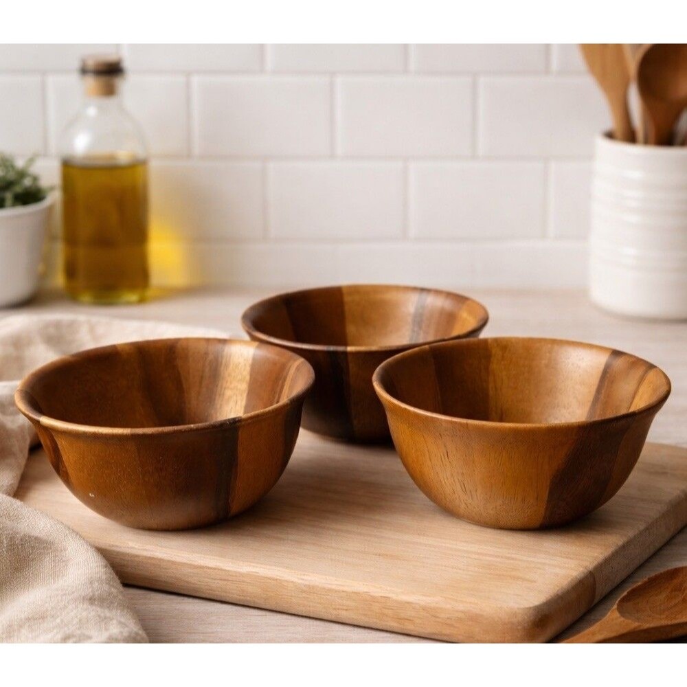 B. Smith Acacia Wood Bowls Set of 3 6.5” Segmented MCM Style Salad Cereal